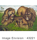 #43221 Rf Illustration Of A Family Of Lions The Mother Grooming Her Cubs