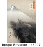 #43227 Rf Illustration Of A Japanese Woodcut Of A Dragon Rising Towards A Mountain