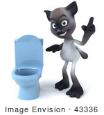 #43336 Royalty-Free (Rf) Clipart Illustration Of A 3d Siamese Cat Mascot Standing By A Blue Toilet - Pose 2