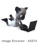 #43373 Royalty-Free (Rf) Clipart Illustration Of A 3d Siamese Cat Mascot Laying On His Belly And Using A Laptop - Pose 3