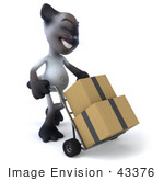 #43376 Royalty-Free (Rf) Clipart Illustration Of A 3d Siamese Cat Mascot Moving Boxes On A Dolly - Pose 2