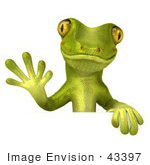 #43397 Royalty-Free (Rf) Illustration Of A 3d Green Gecko Mascot Waving And Standing Behind A Blank Sign - Pose 1