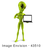 #43510 Royalty-Free (Rf) Illustration Of A 3d Green Alien Presenting A Laptop - Pose 2