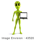 #43520 Royalty-Free (Rf) Illustration Of A 3d Green Alien Presenting A Laptop - Pose 1