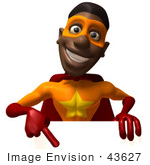 #43627 Royalty-Free (Rf) Cartoon Illustration Of A Black 3d Superhero Mascot Holding And Pointing Down To A Blank White Sign