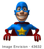 #43632 Royalty-Free (Rf) Cartoon Illustration Of A Friendly 3d Superhero Mascot Promoting And Holding Up A Blank White Board