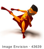#43639 Royalty-Free (Rf) Cartoon Illustration Of An African American Male 3d Superhero Mascot Kicking High