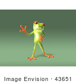 #43651 Royalty-Free (Rf) Cartoon Illustration Of A 3d Green Tree Frog Character Waving - Pose 5