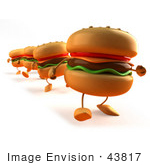 #43817 Royalty-Free (Rf) Illustration Of 3d Cheeseburger Characters In A Line Walking Forwad - Version 1