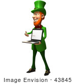 #43845 Royalty-Free (Rf) Illustration Of A Friendly 3d Leprechaun Man Mascot Holding A Laptop - Version 3