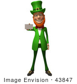#43847 Royalty-Free (Rf) Illustration Of A Friendly 3d Leprechaun Man Mascot Holding Out A Blank Business Card - Version 2