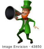 #43850 Royalty-Free (Rf) Illustration Of A Friendly 3d Leprechaun Man Mascot Announcing Through A Megaphone - Version 3