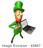 #43867 Royalty-Free (Rf) Illustration Of A Friendly 3d Leprechaun Man Mascot Holding A Laptop - Version 1