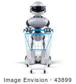 #43899 Royalty-Free (Rf) Illustration Of A 3d Robot Mascot Pushing A Shopping Cart - Version 1