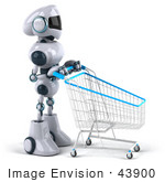#43900 Royalty-Free (Rf) Illustration Of A 3d Robot Mascot Pushing A Shopping Cart - Version 2