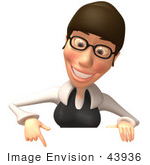 #43936 Royalty-Free (Rf) Illustration Of A 3d White Businesswoman Mascot Pointing Down And Standing Behind A Blank Sign - Version 2