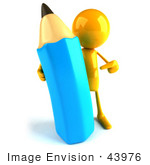#43976 Royalty-Free (Rf) Illustration Of A 3d Orange Man Mascot With A Giant Blue Pencil - Version 2