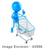 #43996 Royalty-Free (Rf) Illustration Of A 3d Blue Man Mascot Pushing A Shopping Cart - Version 1