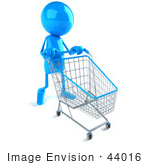 #44016 Royalty-Free (Rf) Illustration Of A 3d Blue Man Mascot Pushing A Shopping Cart - Version 2
