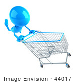 #44017 Royalty-Free (Rf) Illustration Of A 3d Blue Man Mascot Pushing A Shopping Cart - Version 4
