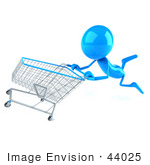 #44025 Royalty-Free (Rf) Illustration Of A 3d Blue Man Mascot Pushing A Shopping Cart - Version 5