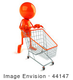 #44147 Royalty-Free (Rf) Illustration Of A 3d Red Man Mascot Pushing A Shopping Cart - Version 1