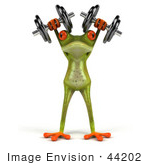 #44202 Royalty-Free (Rf) Illustration Of A 3d Red Eyed Tree Frog Mascot Holding Up Weights