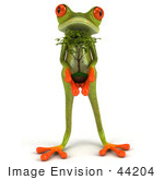 #44204 Royalty-Free (Rf) Illustration Of A 3d Red Eyed Tree Frog Mascot Presenting A Bonsai