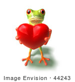 #44243 Royalty-Free (Rf) Illustration Of A Cute Green 3d Frog Holding A Love Heart - Pose 2