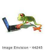 #44245 Royalty-Free (Rf) Illustration Of A Cute Green 3d Frog Using A Laptop - Pose 2