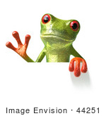 #44251 Royalty-Free (Rf) Illustration Of A Cute Green 3d Frog Waving And Holding A Sign