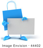 #44402 Royalty-Free (Rf) Illustration Of A 3d Blue Shopping Bag Mascot Holding And Pointing To A Blank Business Card