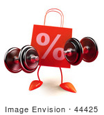 #44425 Royalty-Free (Rf) Illustration Of A 3d Red Percent Shopping Bag Mascot Lifting Weights