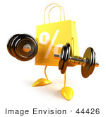 #44426 Royalty-Free (Rf) Illustration Of A 3d Yellow Percent Shopping Bag Mascot Lifting Weights