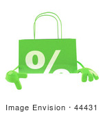 #44431 Royalty-Free (Rf) Illustration Of A 3d Green Percent Shopping Bag Mascot Pointing To And Standing Behind A Blank Sign