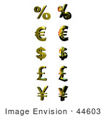 #44603 Royalty-Free (Rf) Illustration Of A Digital Collage Of 3d Gold Percent Euro Dollar Pound And Yen Symbols