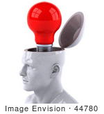 #44780 Royalty-Free (Rf) Illustration Of A Creative 3d White Man Character With A Red Light Bulb