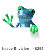 #46299 Royalty-Free (Rf) Illustration Of A Cute 3d Blue Tree Frog Mascot Waving And Holding A Sign