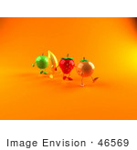 #46569 Royalty-Free (Rf) Illustration Of 3d Green Apple Banana Strawberry And Orange Mascots Marching Forward - Version 2