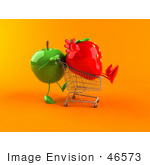 #46573 Royalty-Free (Rf) Illustration Of A 3d Green Apple Mascot Pushing A Strawberry In A Shopping Cart - Version 3