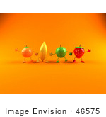 #46575 Royalty-Free (Rf) Illustration Of A Line Of 3d Green Apple Banana Strawberry And Orange Mascots Waving And Holding Hands