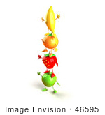 #46595 Royalty-Free (Rf) Illustration Of 3d Green Apple Banana Strawberry And Orange Mascots Standing On Top Of Each Other - Version 1
