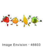 #46603 Royalty-Free (Rf) Illustration Of A Line Of Orange Banana Green Apple And Strawberry Mascots Jumping