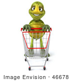 #46678 Royalty-Free (Rf) Illustration Of A 3d Green Tortoise Mascot Pushing A Shopping Cart