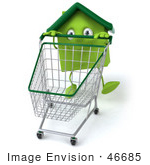 #46685 Royalty-Free (Rf) Illustration Of A 3d Green Clay Home Mascot Pushing A Shopping Cart - Version 1