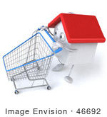 #46692 Royalty-Free (Rf) Illustration Of A 3d White Clay Home Mascot Pushing A Shopping Cart - Version 2