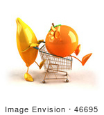 #46695 Royalty-Free (Rf) Illustration Of A 3d Banana Mascot Pushing An Orange In A Shopping Cart - Version 3