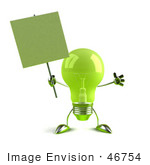 #46754 Royalty-Free (Rf) Illustration Of A Green 3d Glass Light Bulb Mascot Holding A Blank Sign On A Post - Version 2