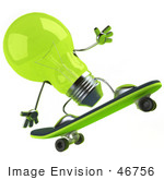 #46756 Royalty-Free (Rf) Illustration Of A Green 3d Glass Light Bulb Mascot Skateboarding - Version 3