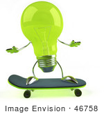 #46758 Royalty-Free (Rf) Illustration Of A Green 3d Glass Light Bulb Mascot Skateboarding - Version 1